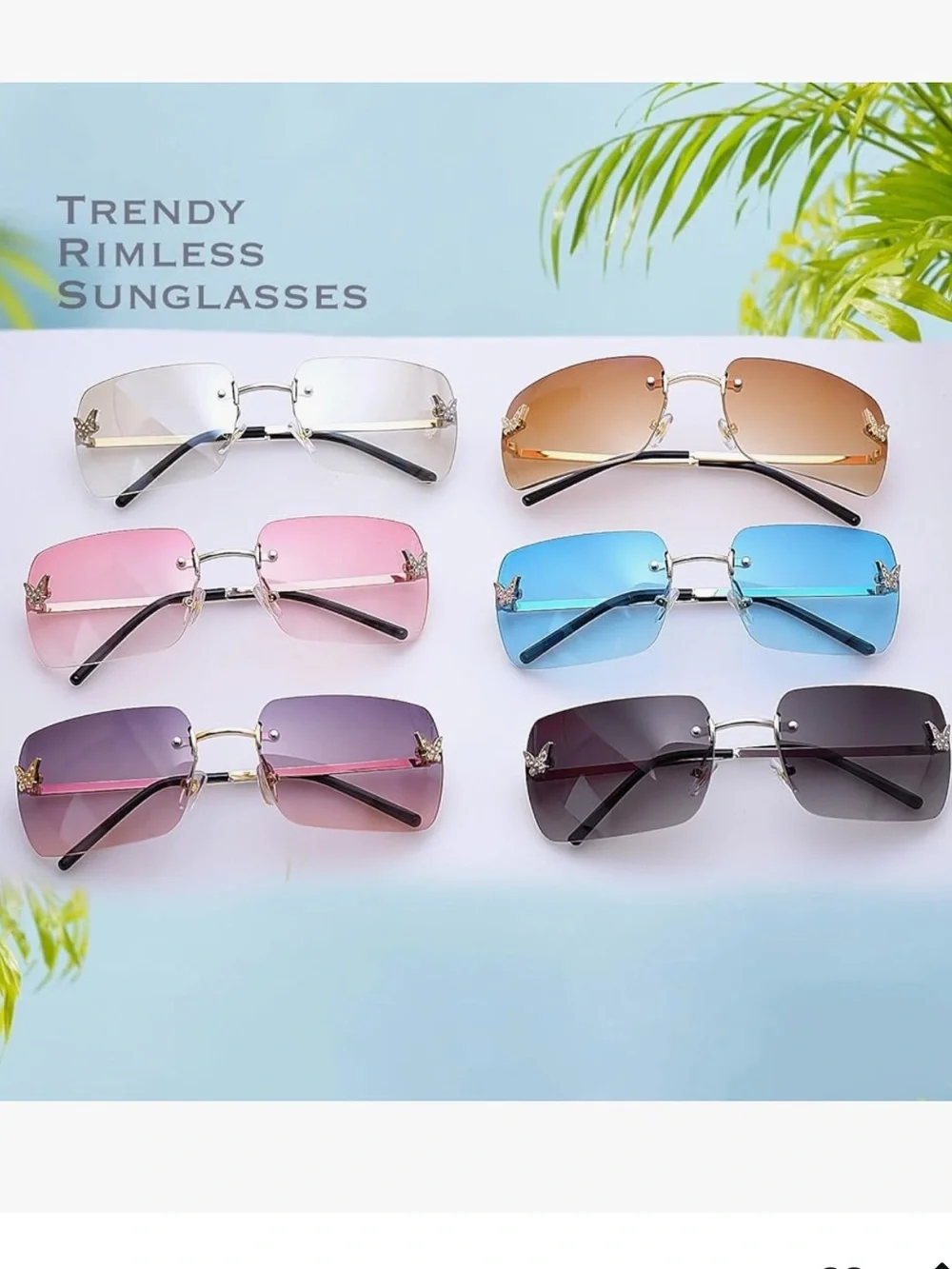 Blue Gradient Rimless Butterfly rectangle Sunglasses